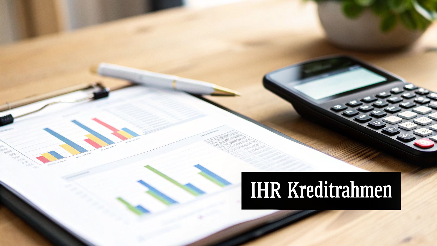 Schreibtischansicht mit Finanzdokumenten, einem Taschenrechner und einem Stift, die 'IHR Kreditrahmen' hervorheben.