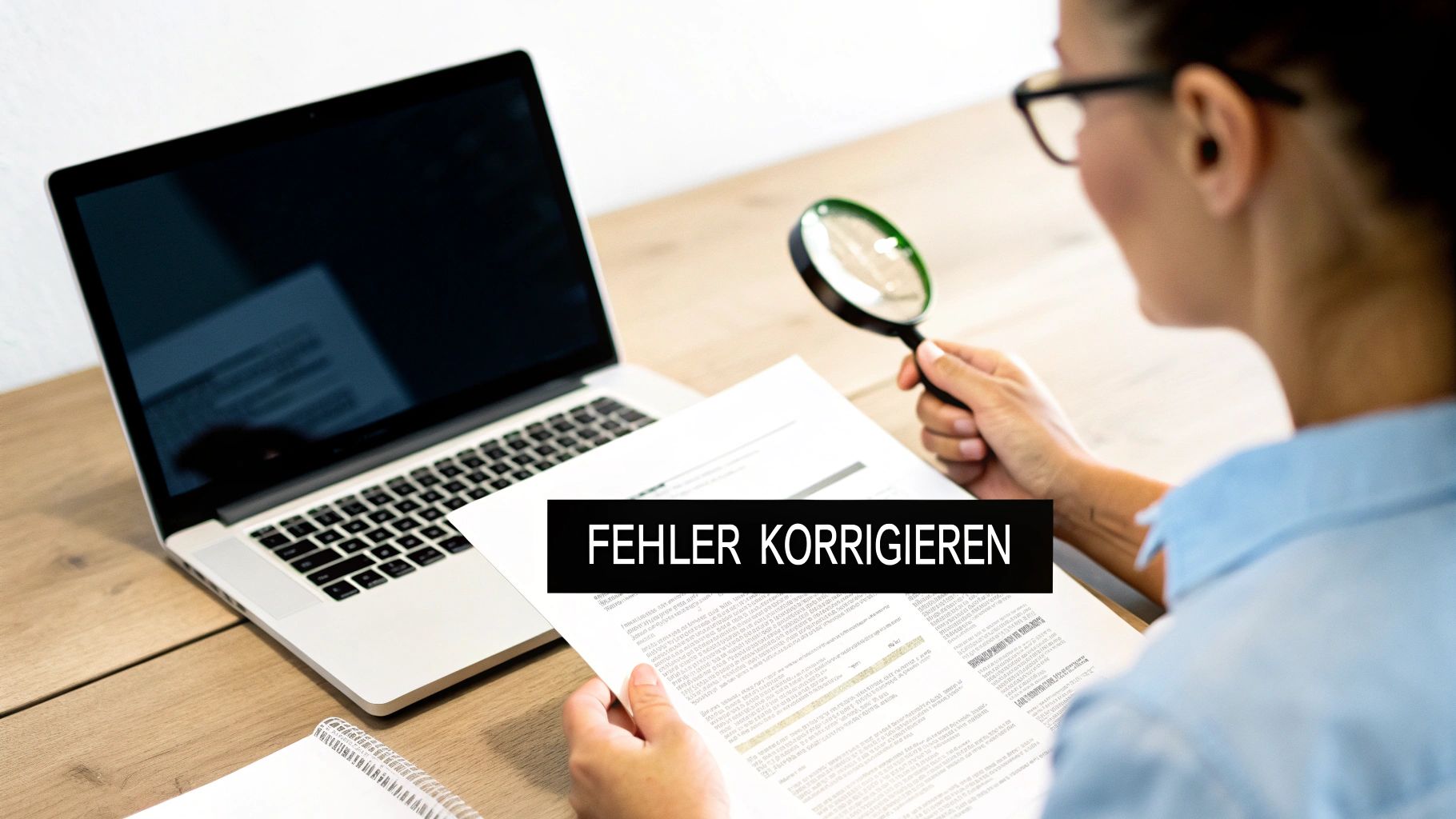 Eine Person überprüft Dokumente mit einer Lupe am Schreibtisch neben einem Laptop.