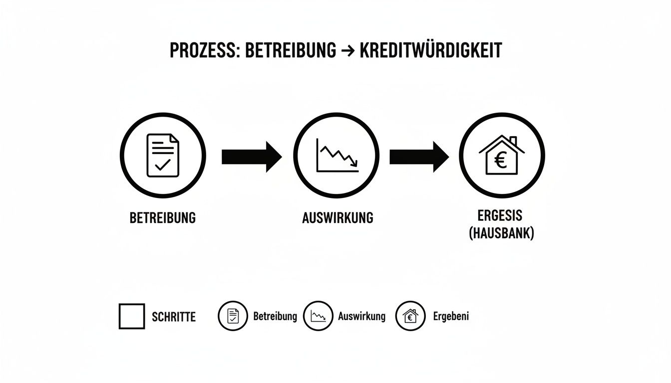 Flussdiagramm zeigt den Prozess von Betreibung über Auswirkung bis zum Ergebnis der Kreditwürdigkeit bei der Hausbank.