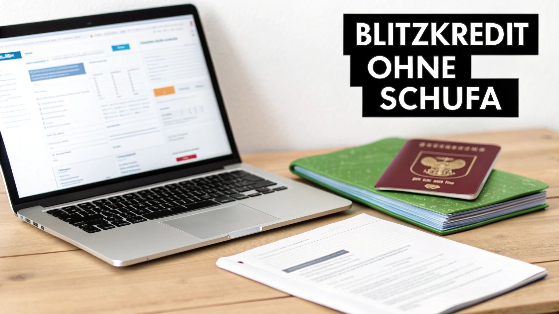 Ein Laptop auf einem Holztisch mit Dokumenten, einem Reisepass und dem Text 'BLITZKREDIT OHNE SCHUFA'.