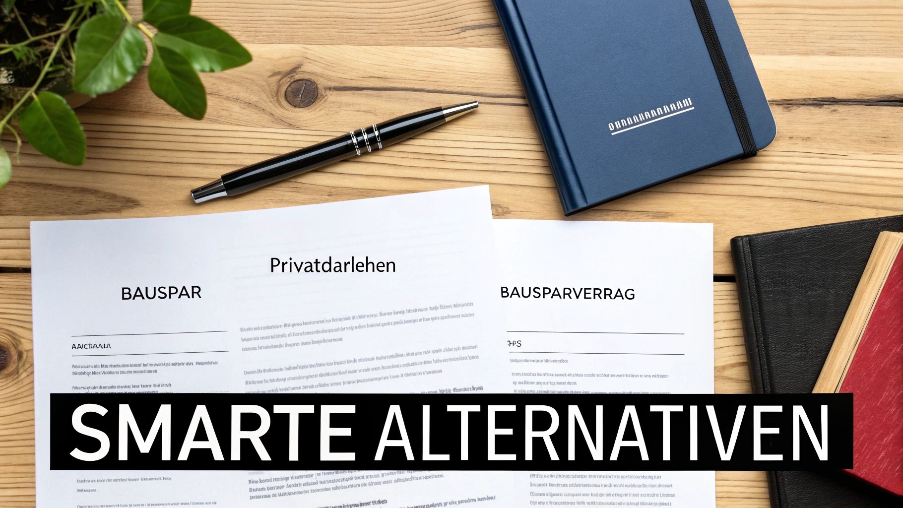 Dokumente über Bauspar und Privatdarlehen mit der Überschrift 'Smarte Alternativen' auf einem Schreibtisch.