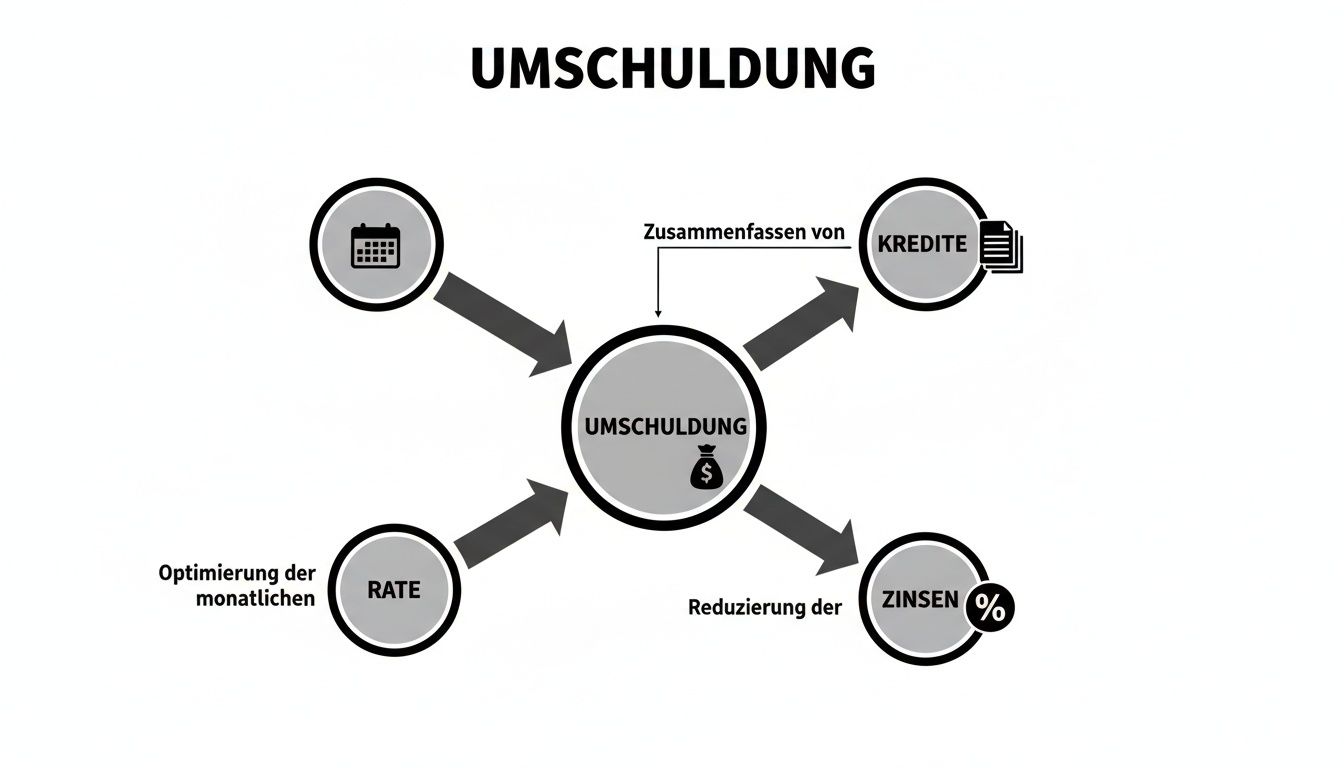 Ein Diagramm, das Umschuldung als zentrale Strategie zur Zusammenfassung von Krediten, Reduzierung von Zinsen und Optimierung monatlicher Raten darstellt.