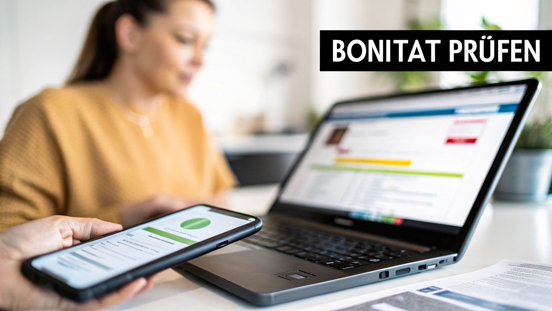 Eine Person prüft ihre Bonität am Laptop und Smartphone auf einem Schreibtisch.