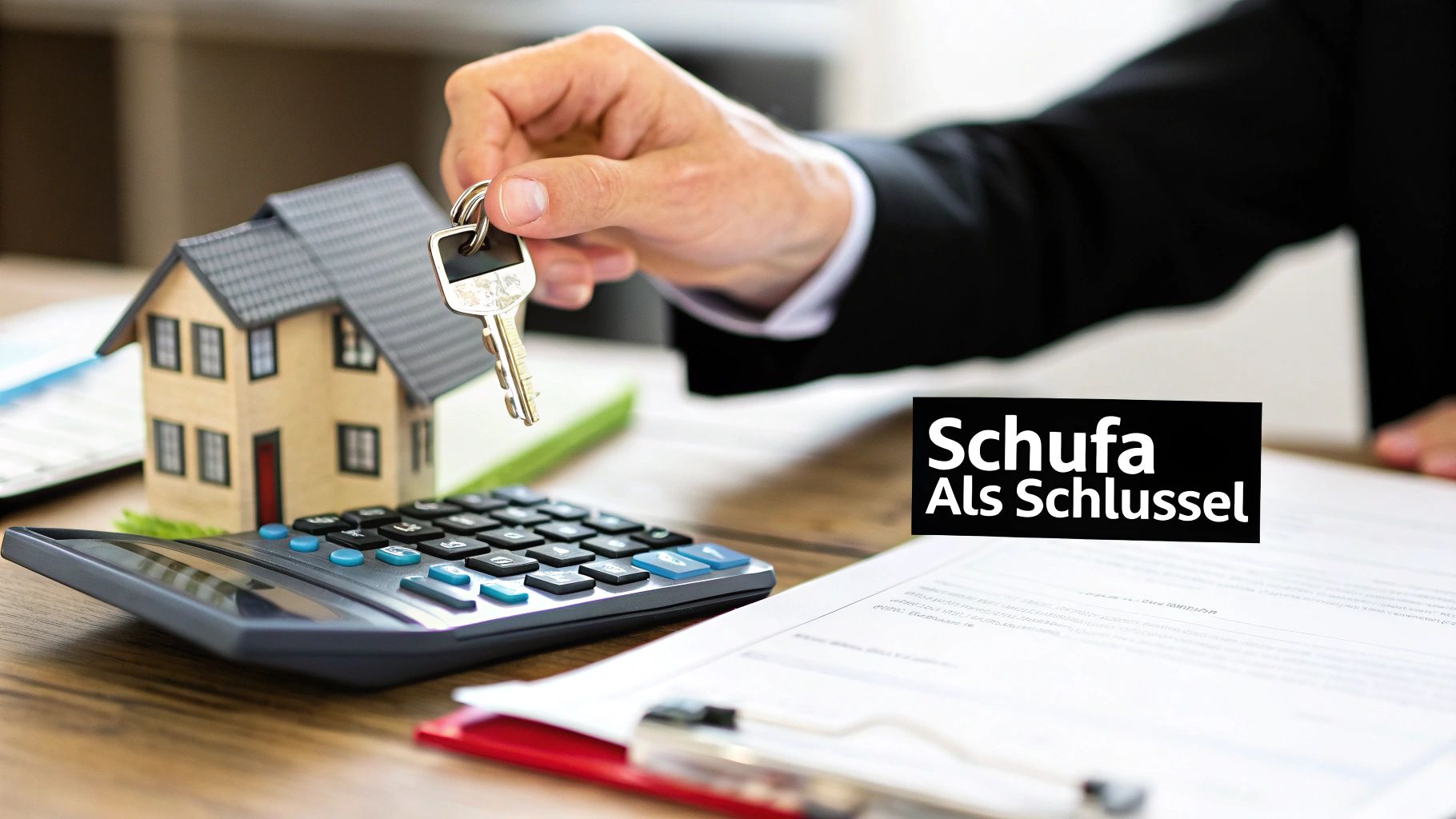 Hand hält einen Hausschlüssel über einem Miniaturhaus und Taschenrechner auf einem Schreibtisch mit Dokumenten, umgeben von dem Text 'Schufa Als Schlüssel'.