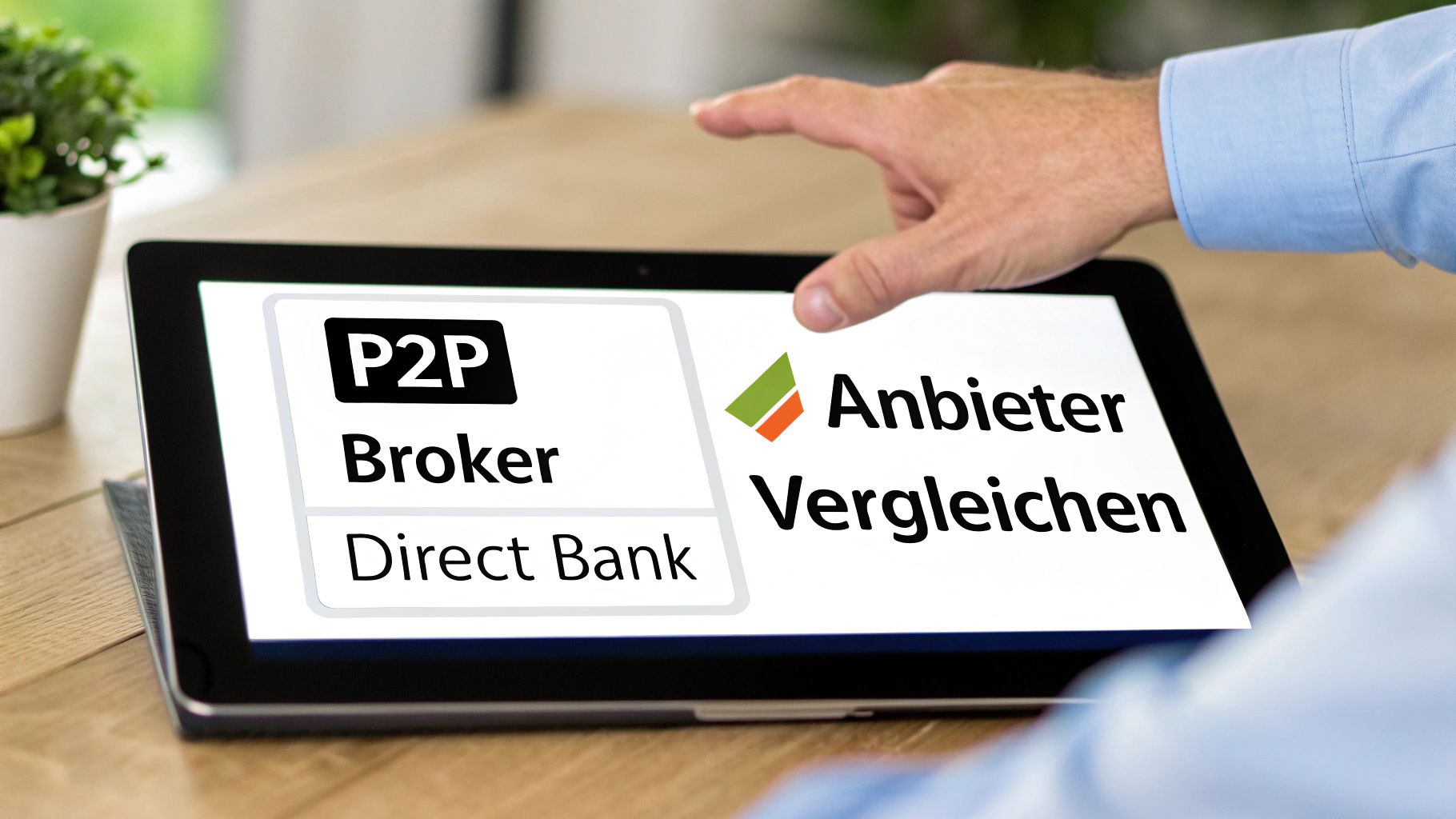 Eine Hand tippt auf ein Tablet, das eine Seite zum Vergleich von P2P Brokern und Direktbanken zeigt.