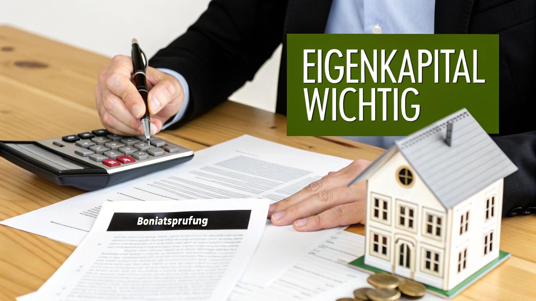Eine Person berechnet Finanzen mit Taschenrechner, Dokumenten, einem Modellhaus und Münzen. Text: Eigenkapital wichtig.