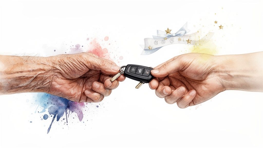 Alte und junge Hände tauschen Autoschlüssel, umgeben von Farbspritzern, symbolisierend Generationswechsel oder Übergabe.