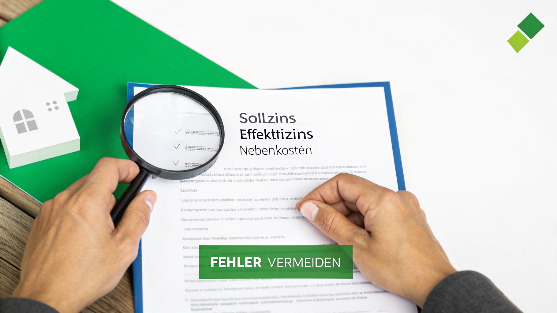 Hände mit Lupe über Dokument zu Sollzins, Effektivzins und Nebenkosten, um Fehler zu vermeiden.