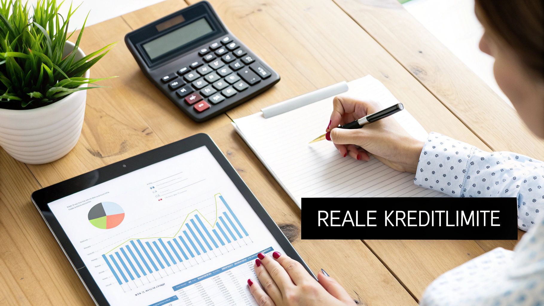 Frau arbeitet am Schreibtisch mit Rechner, Tablet und Notizbuch, Diagramme und 'REALE KREDITLIMITE' sichtbar.