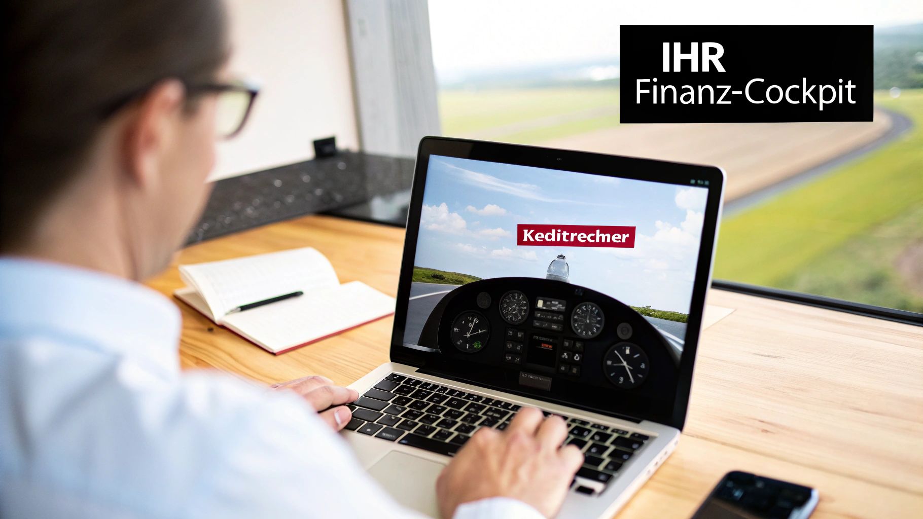 Eine Person nutzt einen Laptop mit einem Kreditrechner, der wie ein Flugzeug-Cockpit aussieht, unter dem Titel 'IHR Finanz-Cockpit'.