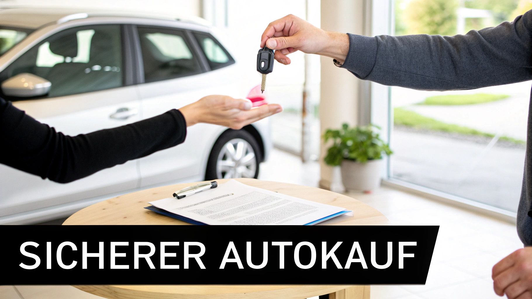 Hände übergeben einen Autoschlüssel, im Hintergrund ein Auto und auf dem Tisch ein Vertrag, symbolisiert sicheren Autokauf.