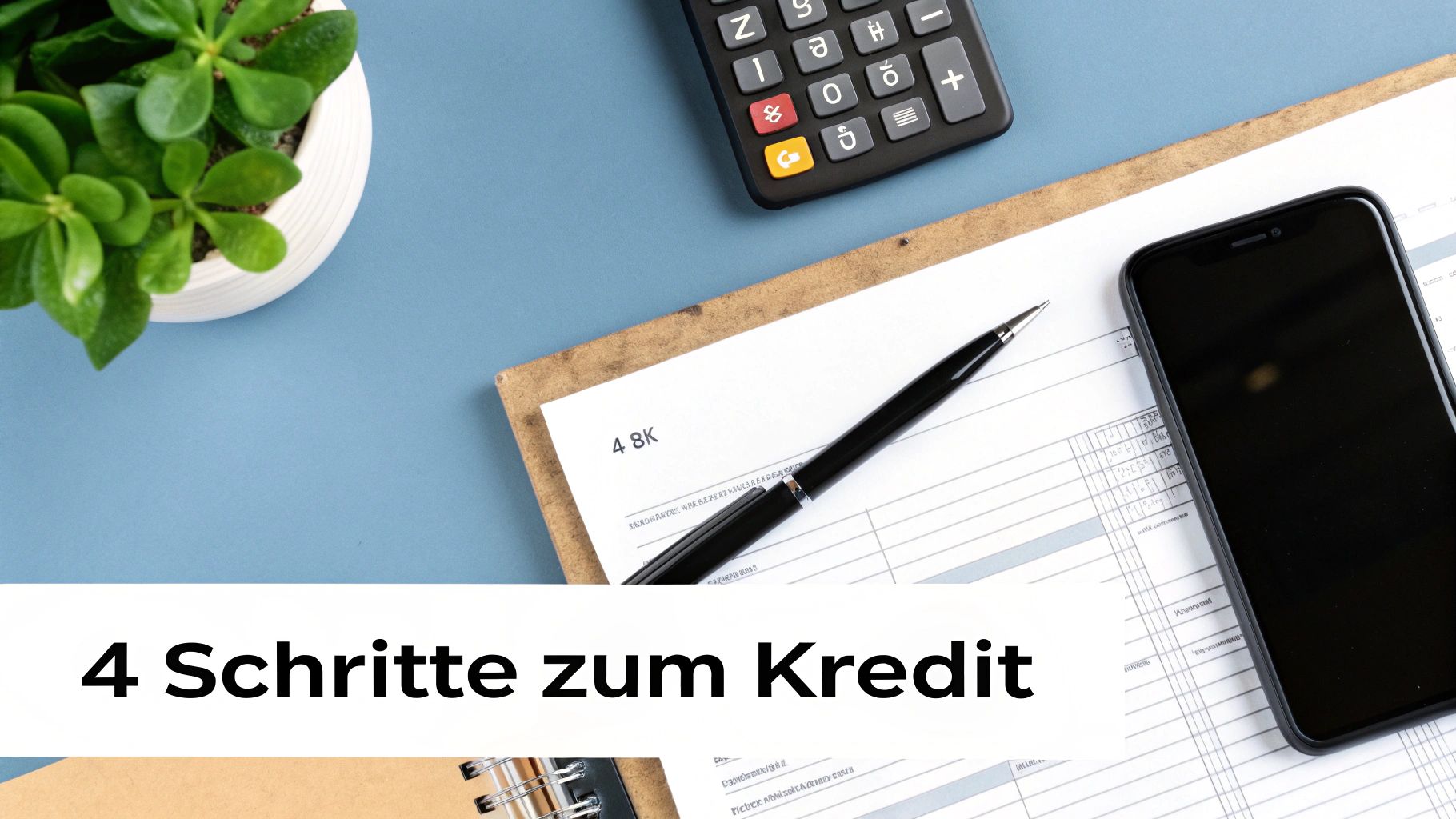 Nahaufnahme eines Schreibtisches mit Taschenrechner, Notizen, Stift, Smartphone und einer Pflanze. Überschrift: 4 Schritte zum Kredit.
