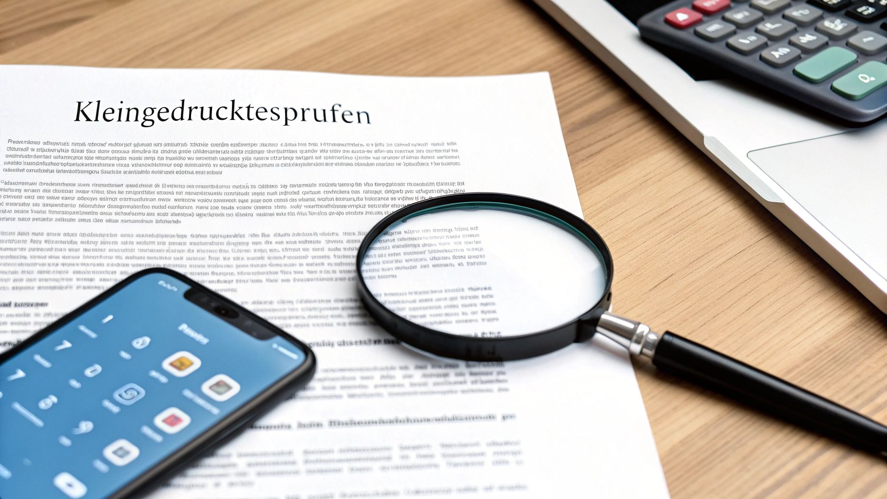 Ein Dokument mit dem Titel 'Kleingedrucktesprüfen' liegt auf einem Holztisch, daneben ein Smartphone, eine Lupe und ein Laptop mit Taschenrechner.