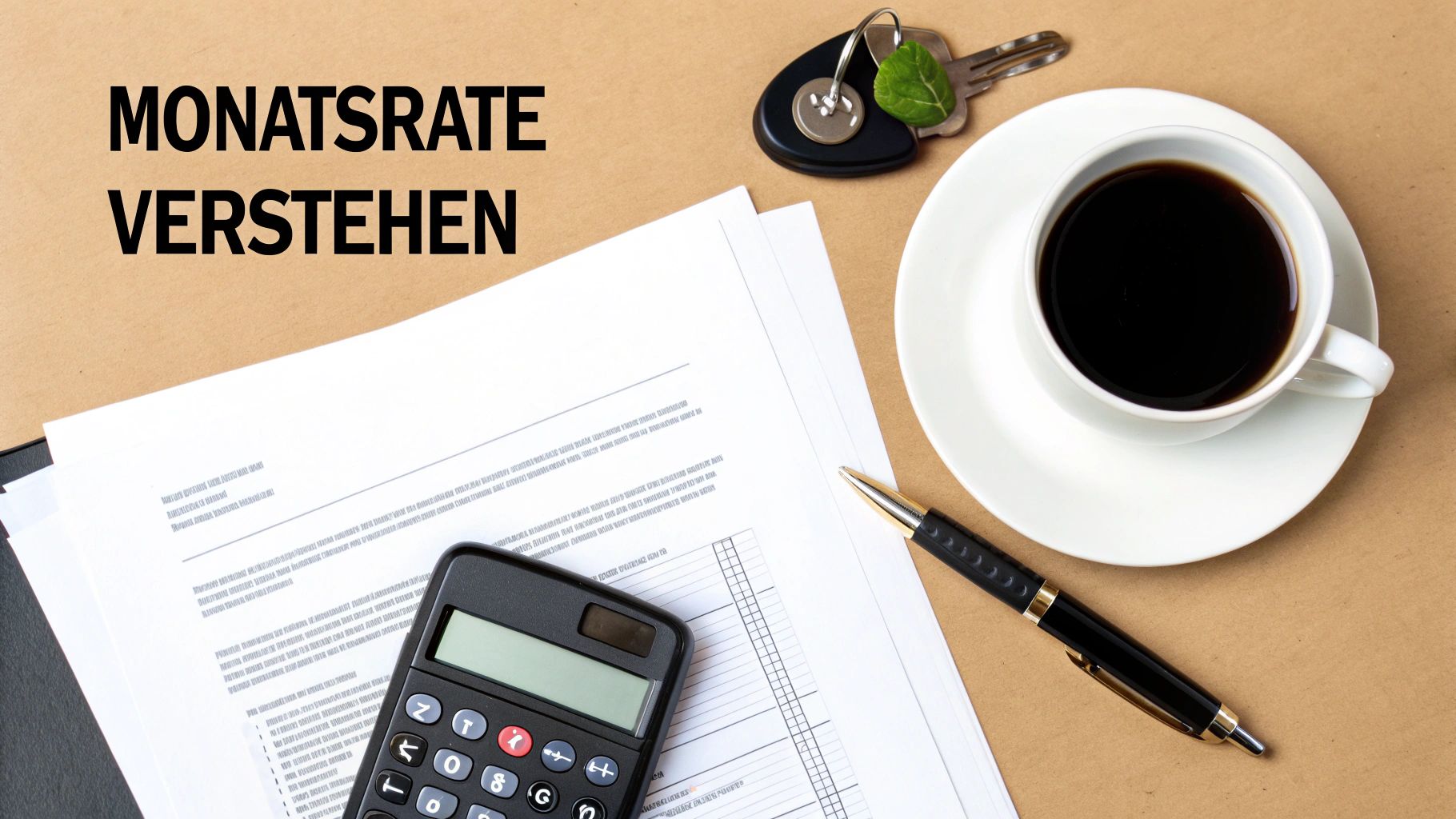 Büro-Flatlay mit Dokumenten, Taschenrechner, Kaffee und Autoschlüsseln. Der Text lautet: 'MONATSRATE VERSTEHEN'.