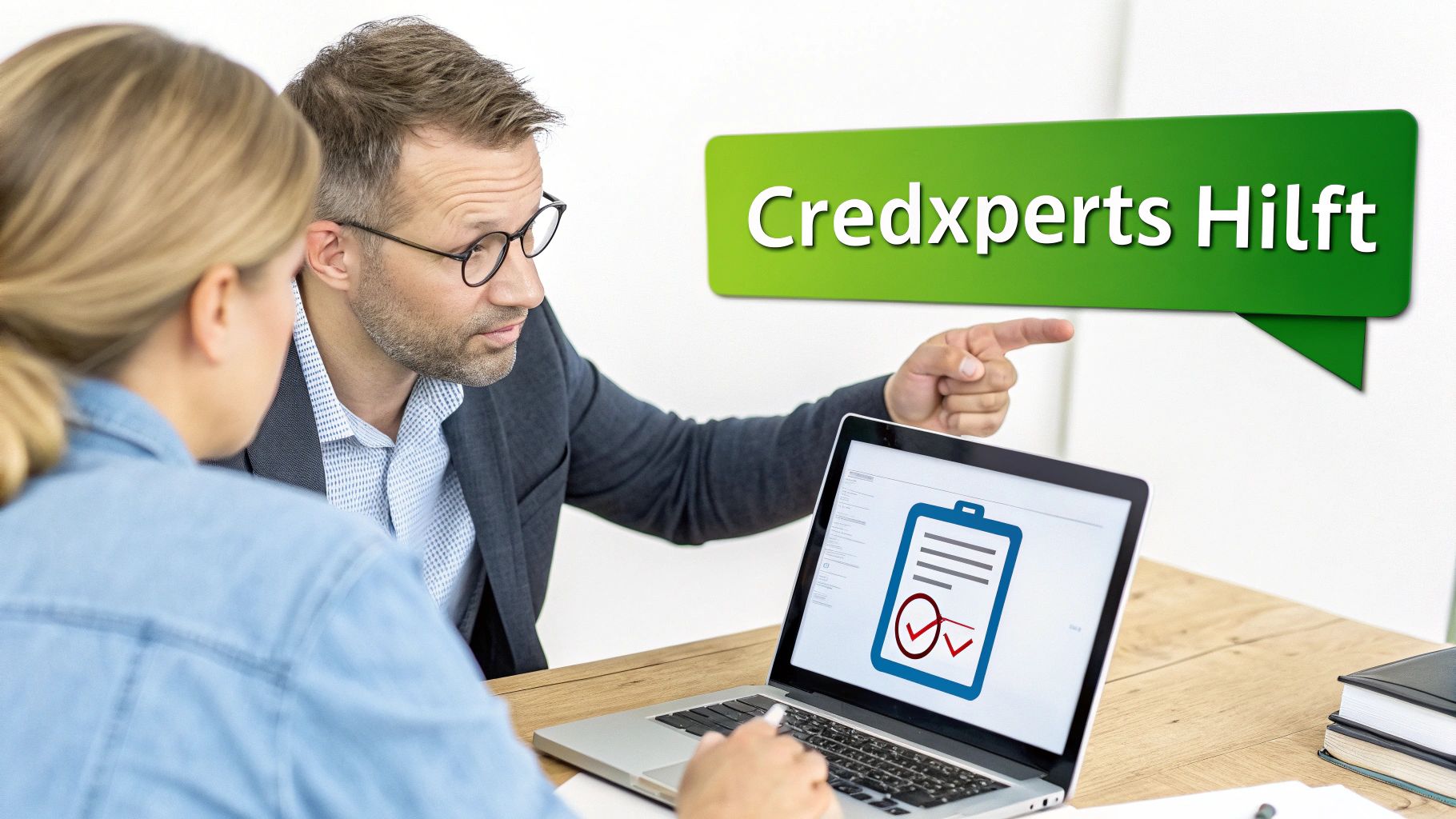 Zwei Personen betrachten einen Laptop mit einer Checkmark-Grafik, während ein Mann auf den Bildschirm zeigt. Eine grüne Sprechblase sagt 'Credxperts Hilft'.