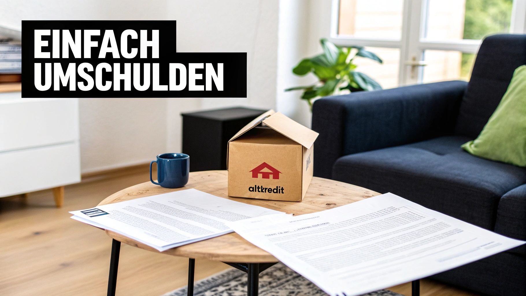 Couchtisch mit Haus-Box, Papieren und Tasse. Text: EINFACH UMSCHULDEN, symbolisiert einfache Kreditumschuldung.