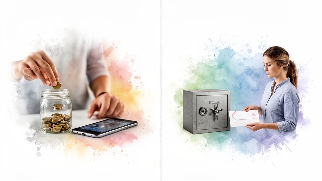 Sparen und Anlegen: Hände legen Münzen in ein Glas, während eine Frau einen Brief vor einem Safe hält.