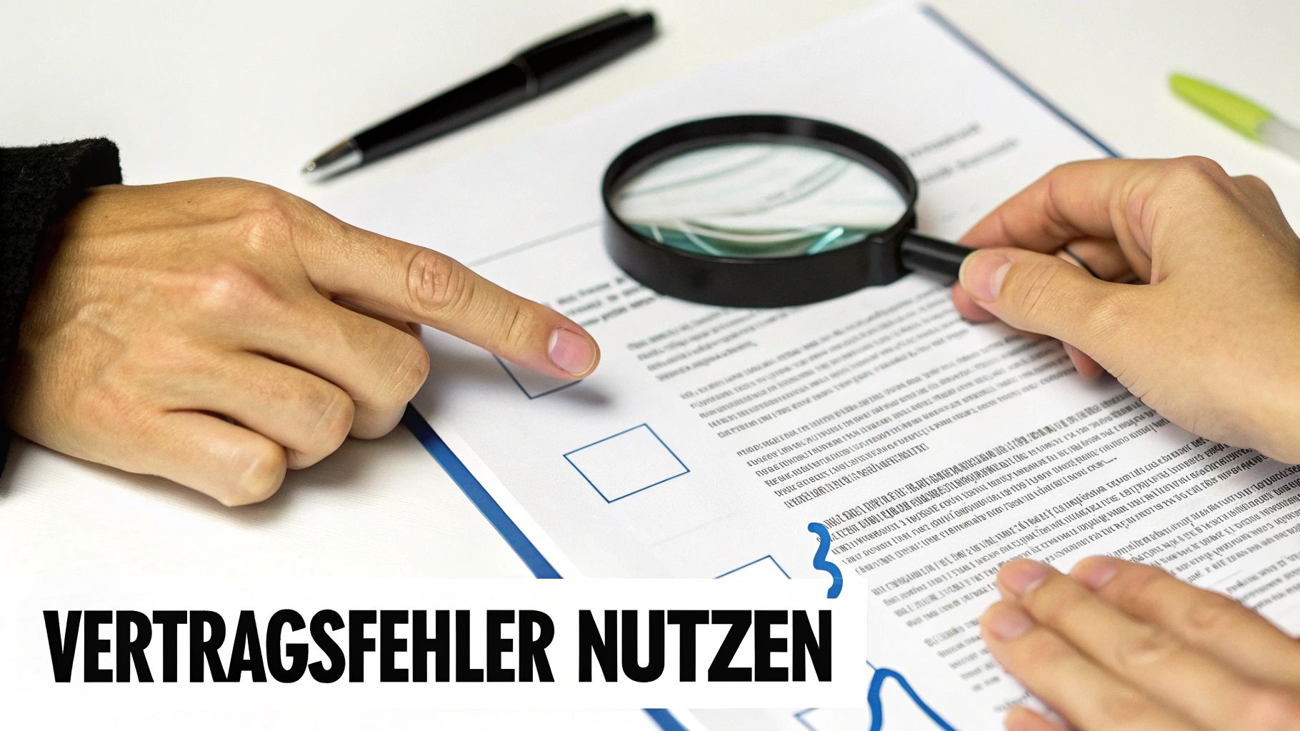 Hände untersuchen einen Vertrag mit Lupe, um mögliche Fehler zu entdecken und zu nutzen.