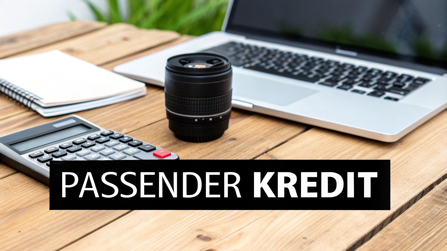 Schreibtisch mit Rechner, Notizbuch und Laptop. Die Aufschrift „PASSENDER KREDIT“ ist eingeblendet.