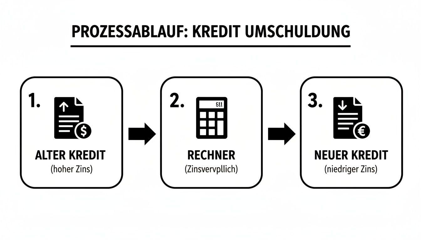Ein Schaubild zum Prozess der Kredit Umschuldung mit altem Kredit, Zinsrechner und neuem Kredit.