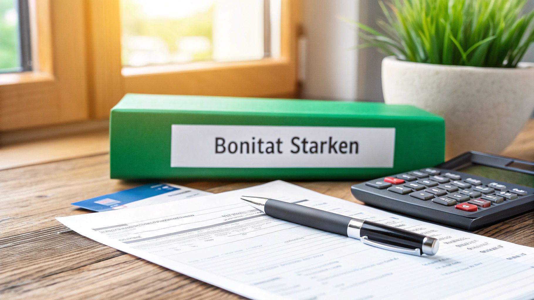 Grüner Ordner mit der Beschriftung 'Bonität Stärken' auf einem Schreibtisch mit Rechner, Stift und Dokumenten.