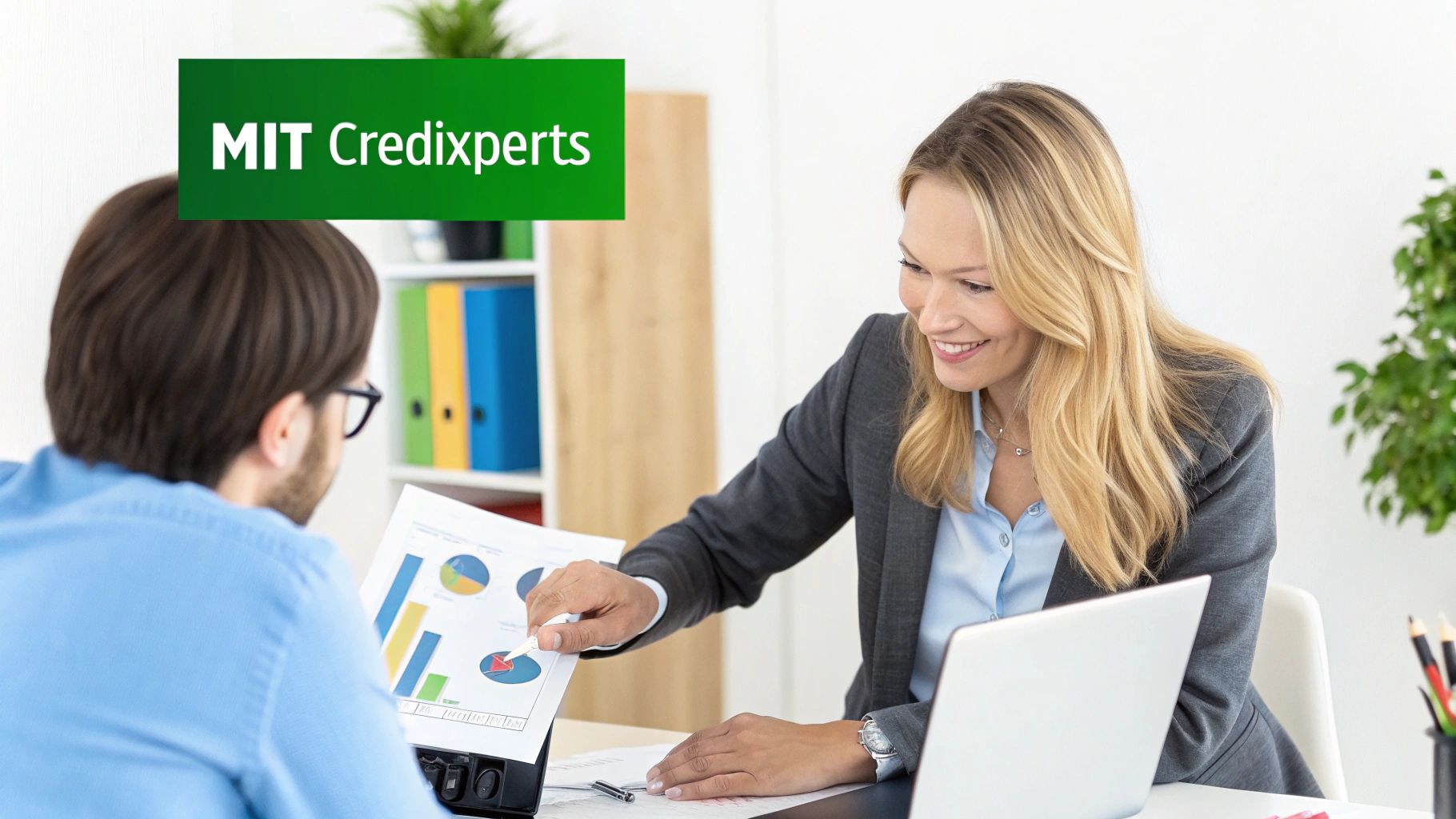 Lachende Finanzberaterin zeigt einem Kunden Finanzgrafiken und Diagramme während einer persönlichen Kreditberatung.