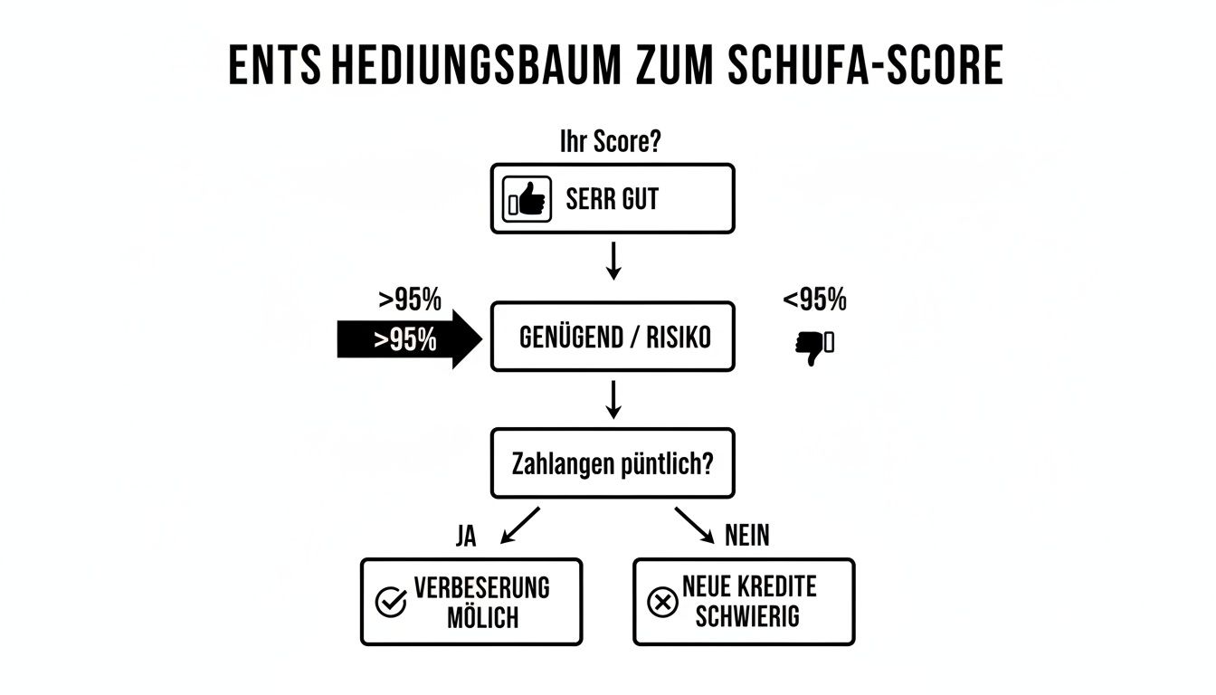 Entscheidungsbaum zum SCHUFA-Score: Analyse von Kreditwürdigkeit basierend auf Score und Zahlungsverhalten.
