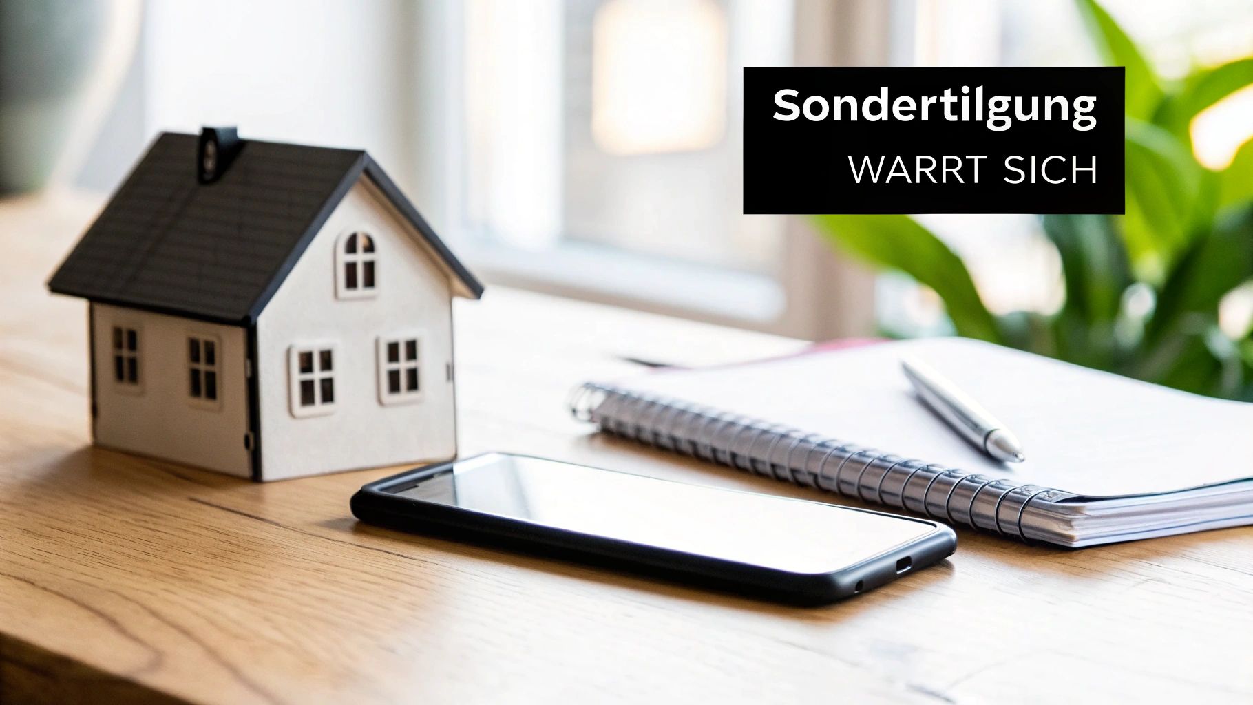 Ein Miniaturhaus, Smartphone und Notizbuch auf einem Schreibtisch mit dem Schriftzug 'Sondertilgung'.