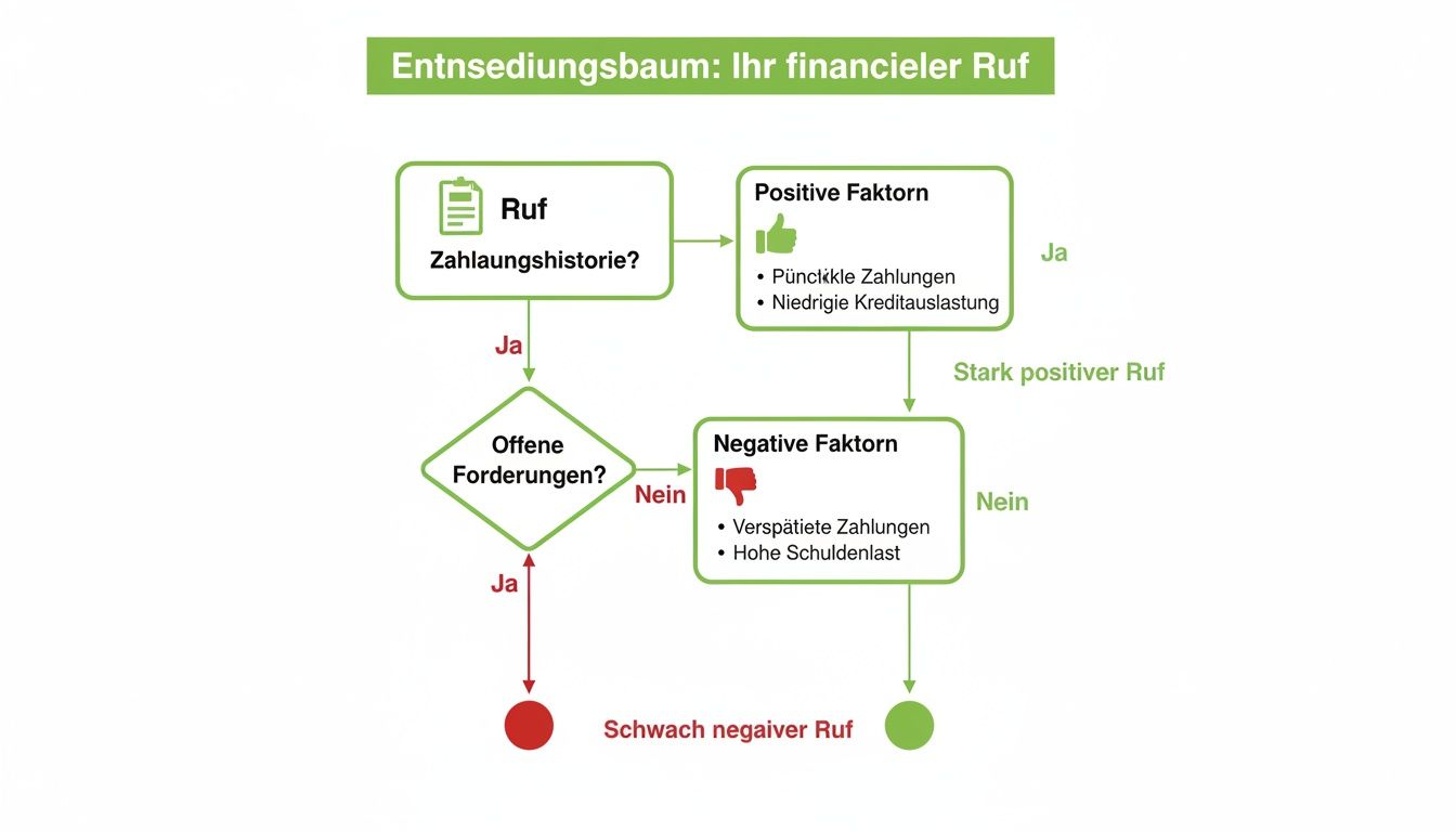 Flussdiagramm zur Bestimmung der finanziellen Reputation, basierend auf Zahlungshistorie, positiven und negativen Faktoren sowie offenen Forderungen.