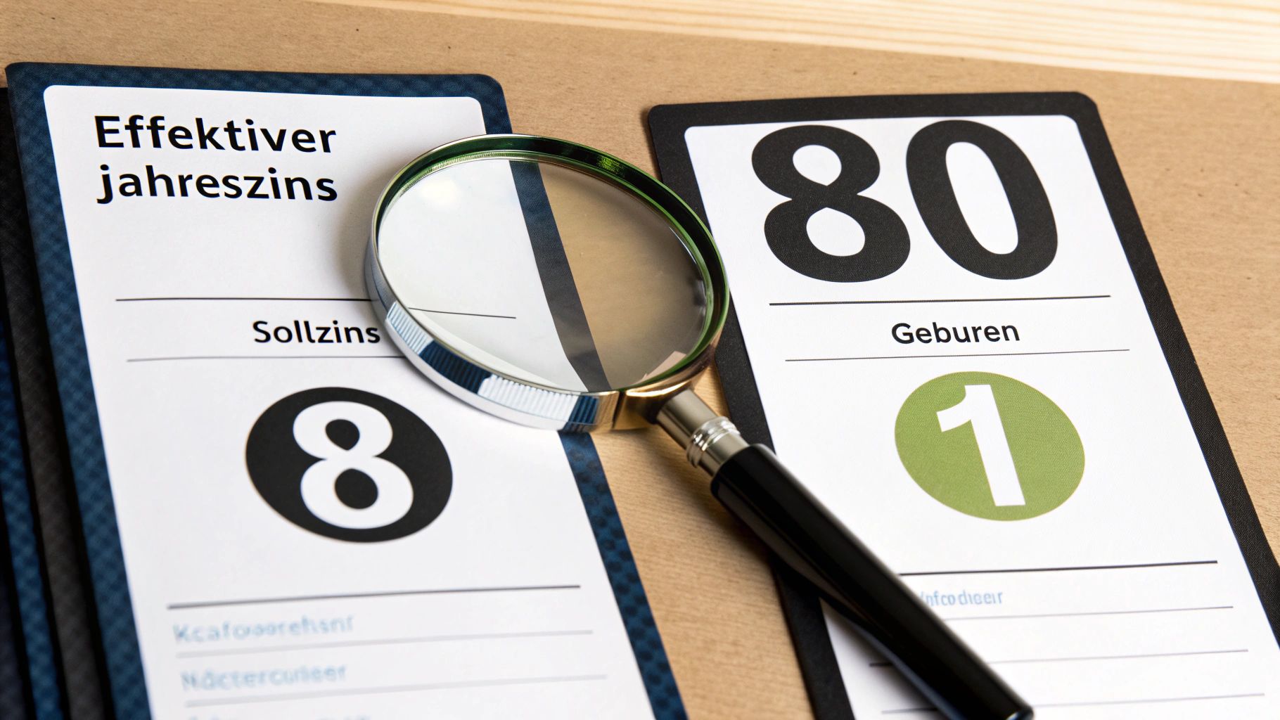 Zwei Karten zeigen Finanzbegriffe wie 'Effektiver Jahreszins' und 'Gebühren' mit Zahlen (8, 80, 1). Eine Lupe liegt darauf.