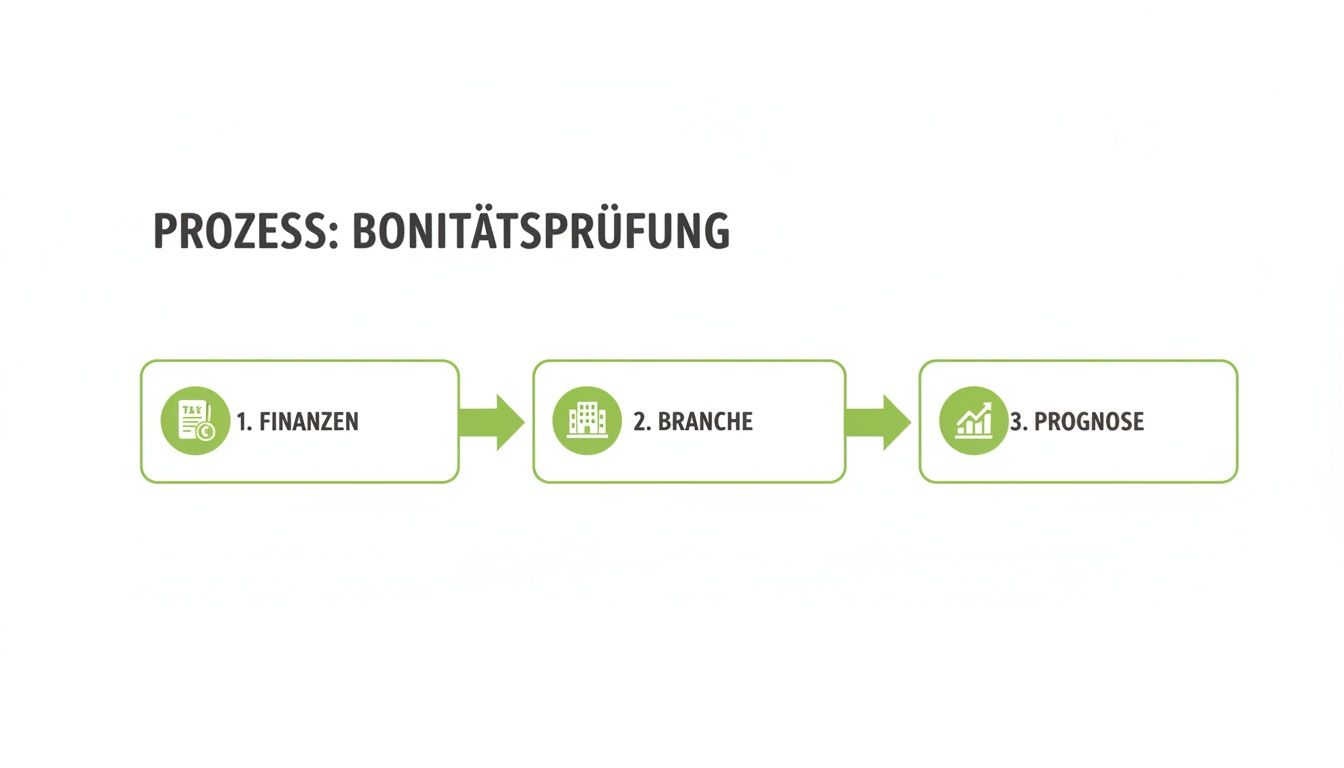 Visualisierung des Bonitätsprüfungsprozesses in drei Schritten: Finanzen, Branche und Prognose.