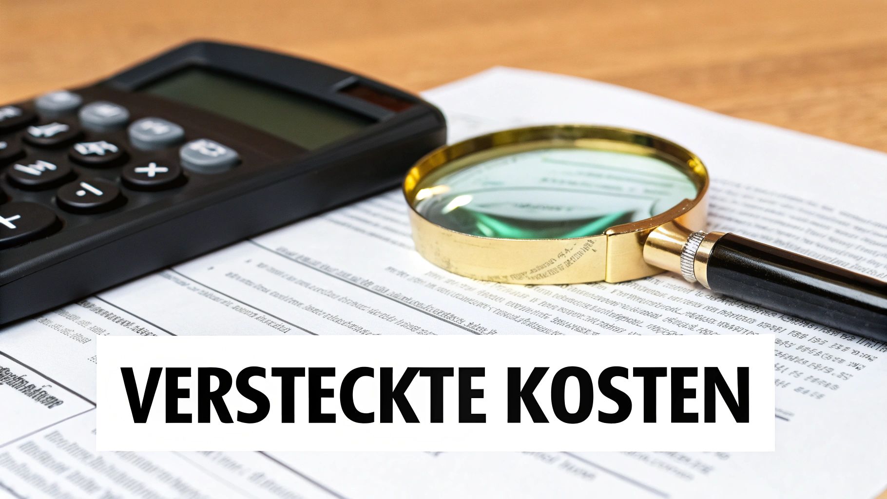 Rechner, Lupe und Dokument auf einem Tisch mit dem Text "VERSTECKTE KOSTEN", der versteckte Kosten symbolisiert.