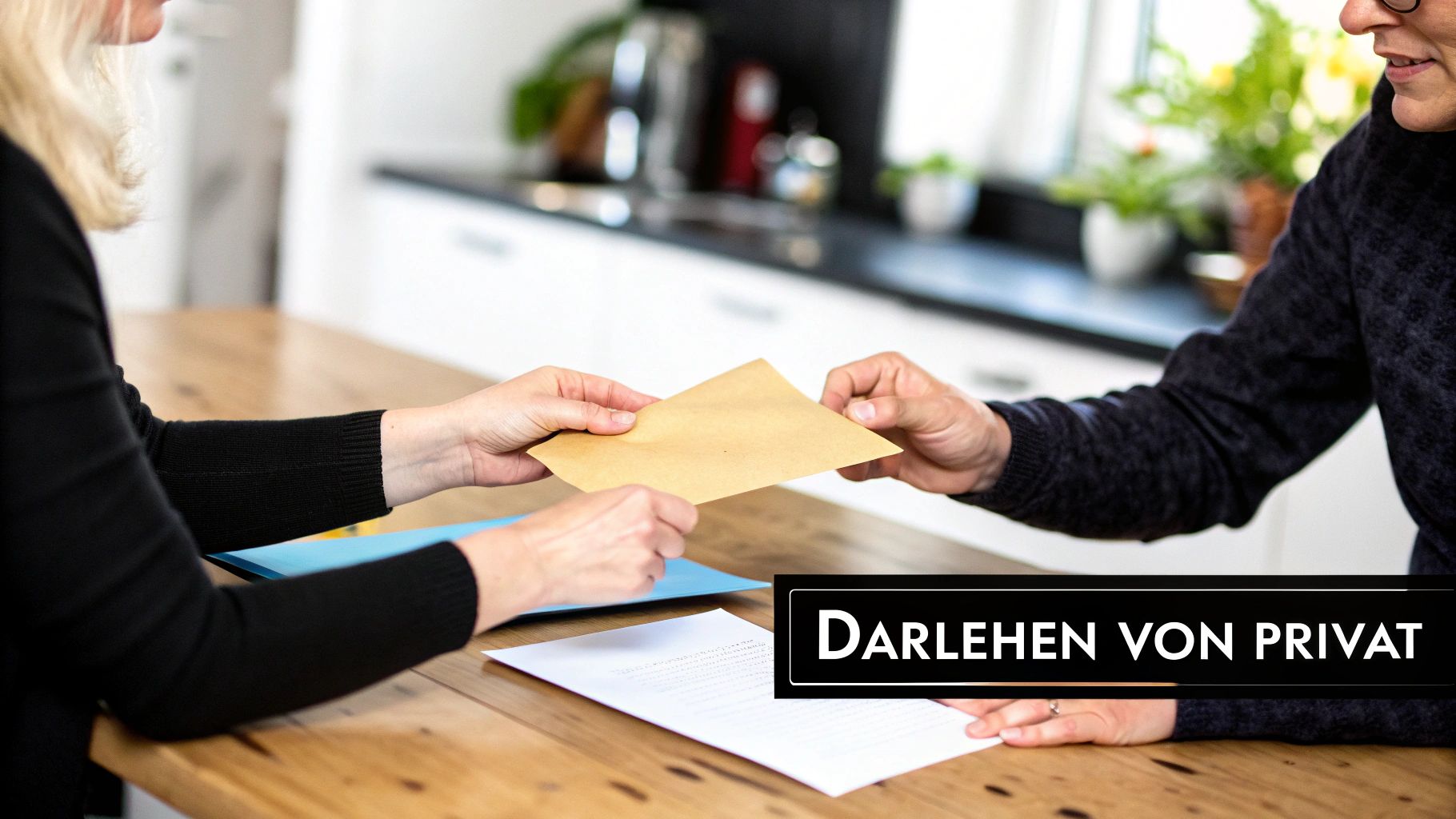 Zwei Personen tauschen einen braunen Umschlag über einem Holztisch aus. Text: Darlehen von Privat.