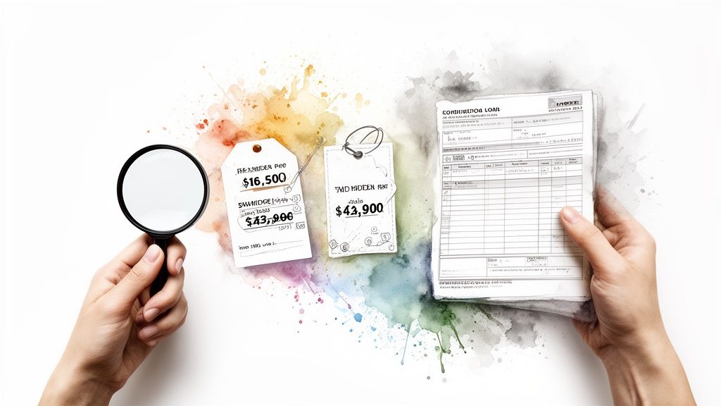 Hände prüfen mit Lupe Preisschilder und Kreditdokument, das versteckte Kosten und Angebote vergleicht.