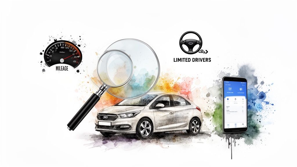 Illustration eines Autos unter einer Lupe mit Tachometer, Lenkrad und Smartphone-App für Versicherungsaspekte.