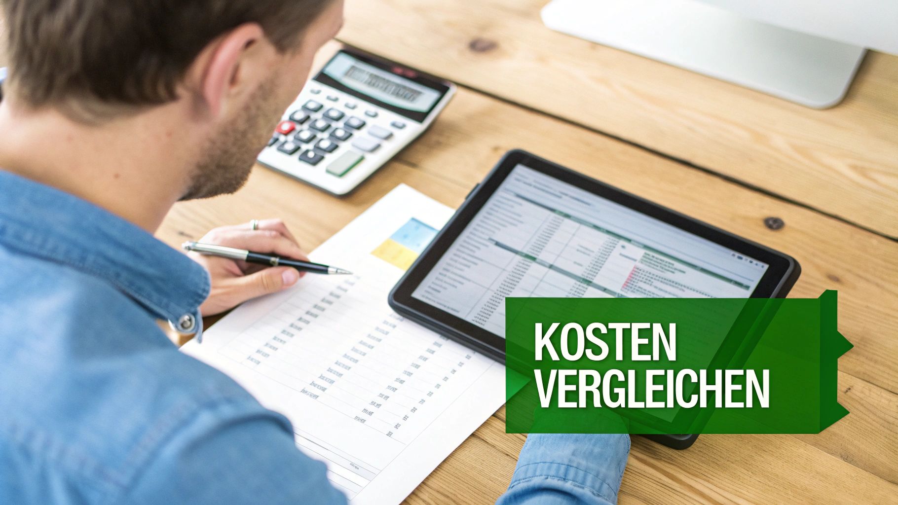 Person vergleicht Kosten mit Tablet, Dokumenten und Taschenrechner auf Holztisch, Fokus auf Finanzanalyse und Budgetierung.