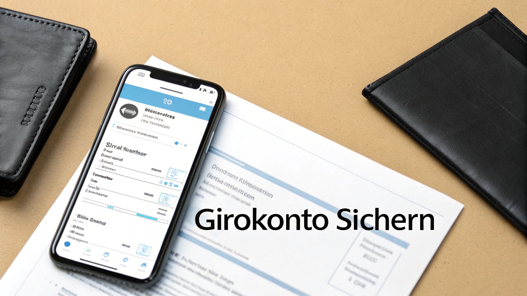 Smartphone zeigt Banking-App, umgeben von Geldbörsen und einem Dokument mit 'Girokonto Sichern'.