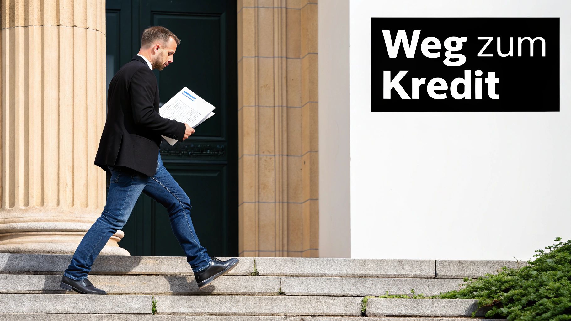Mann mit Dokumenten steigt Steintreppe hinauf, daneben schwarzer Schriftzug: "Weg zum Kredit".