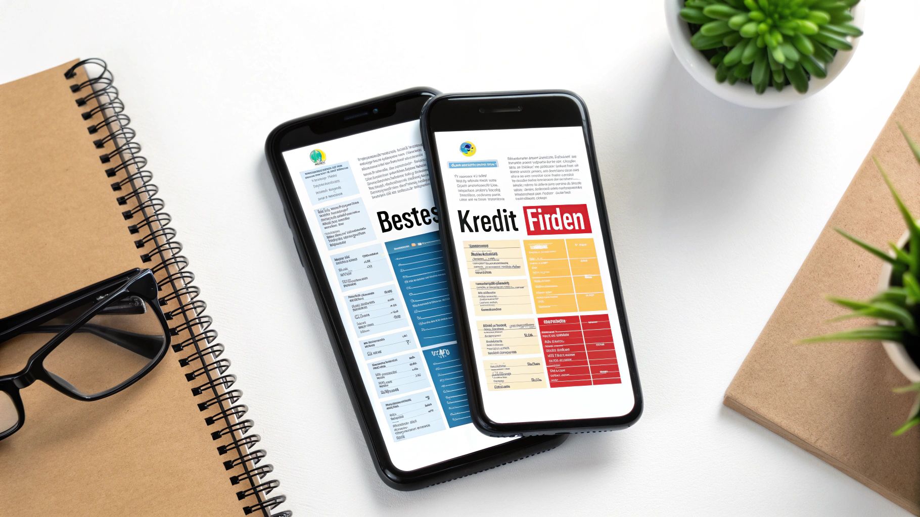 Zwei Smartphones zeigen Online-Kreditvergleiche auf einem Schreibtisch mit Notizbuch und Brille.