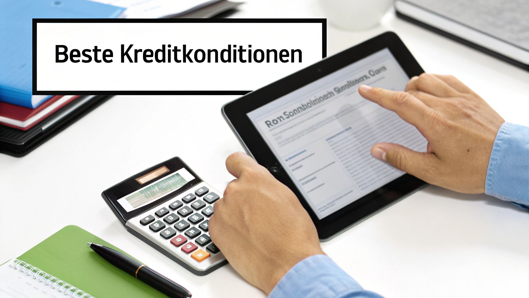 Eine Person prüft Kreditkonditionen auf einem Tablet und mit einem Taschenrechner. Beste Kreditkonditionen.