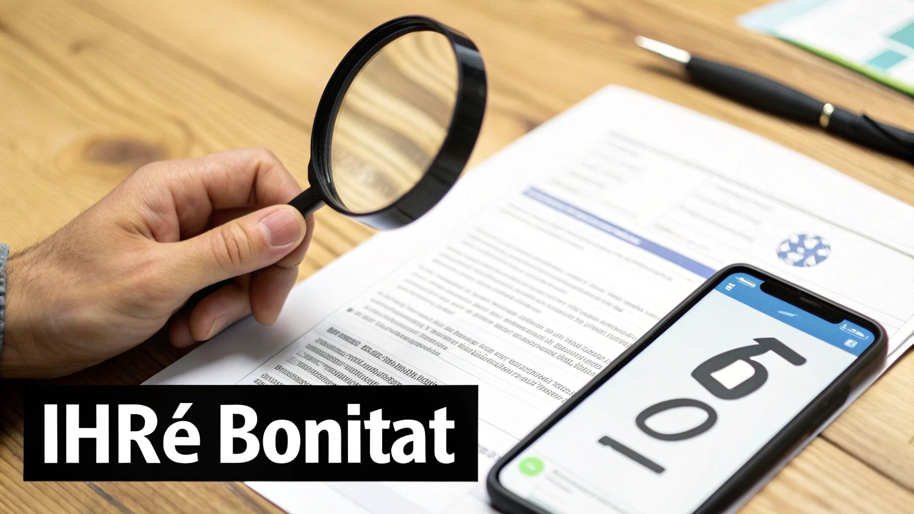 Hand hält Lupe über Dokumenten, daneben ein Smartphone mit Zahl 106 und ein Stift. Zeigt Bonitätsprüfung.