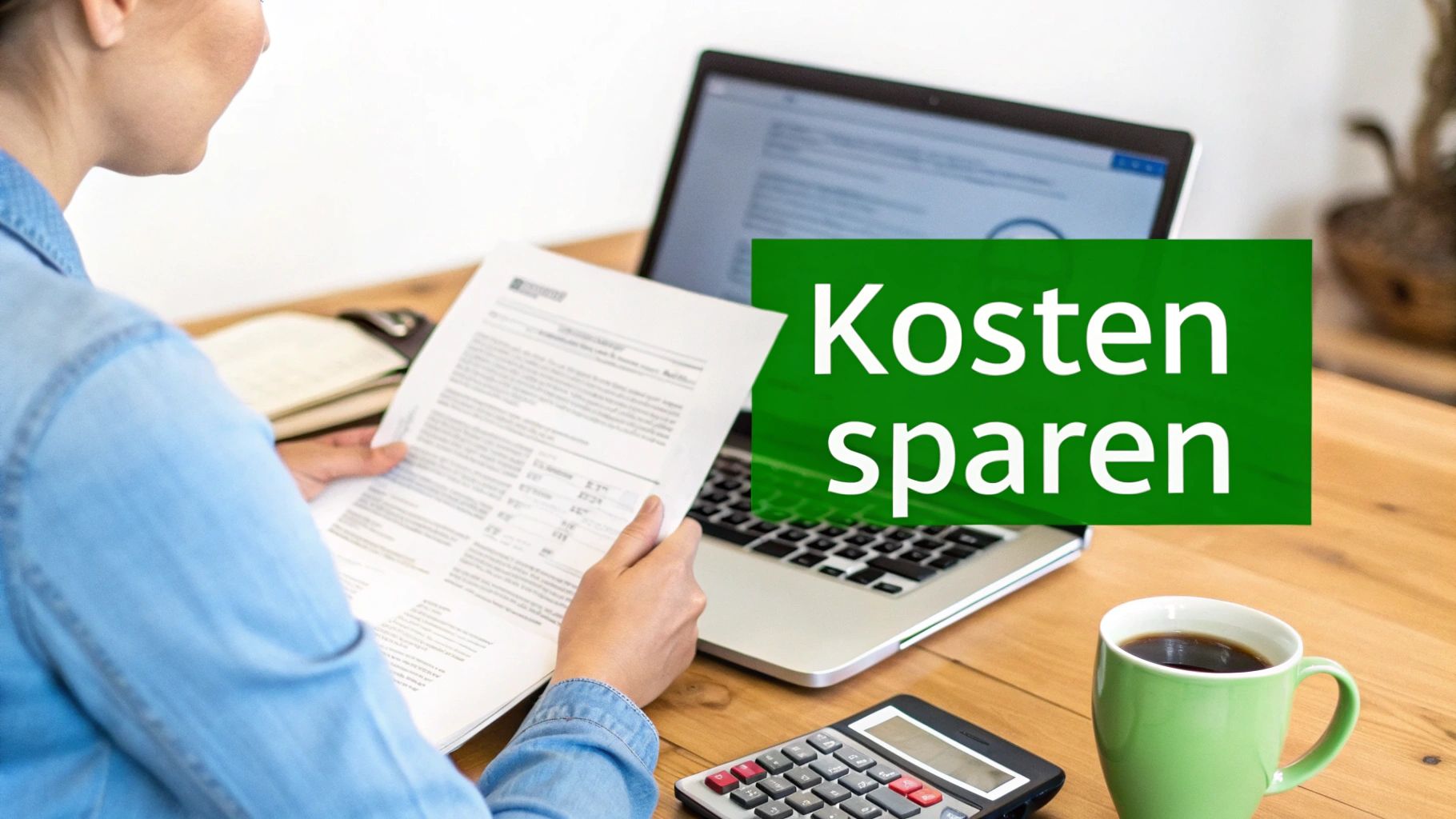 Person überprüft Dokumente am Schreibtisch mit Laptop, Rechner und Kaffee. Text 'Kosten sparen' überlagert das Bild.