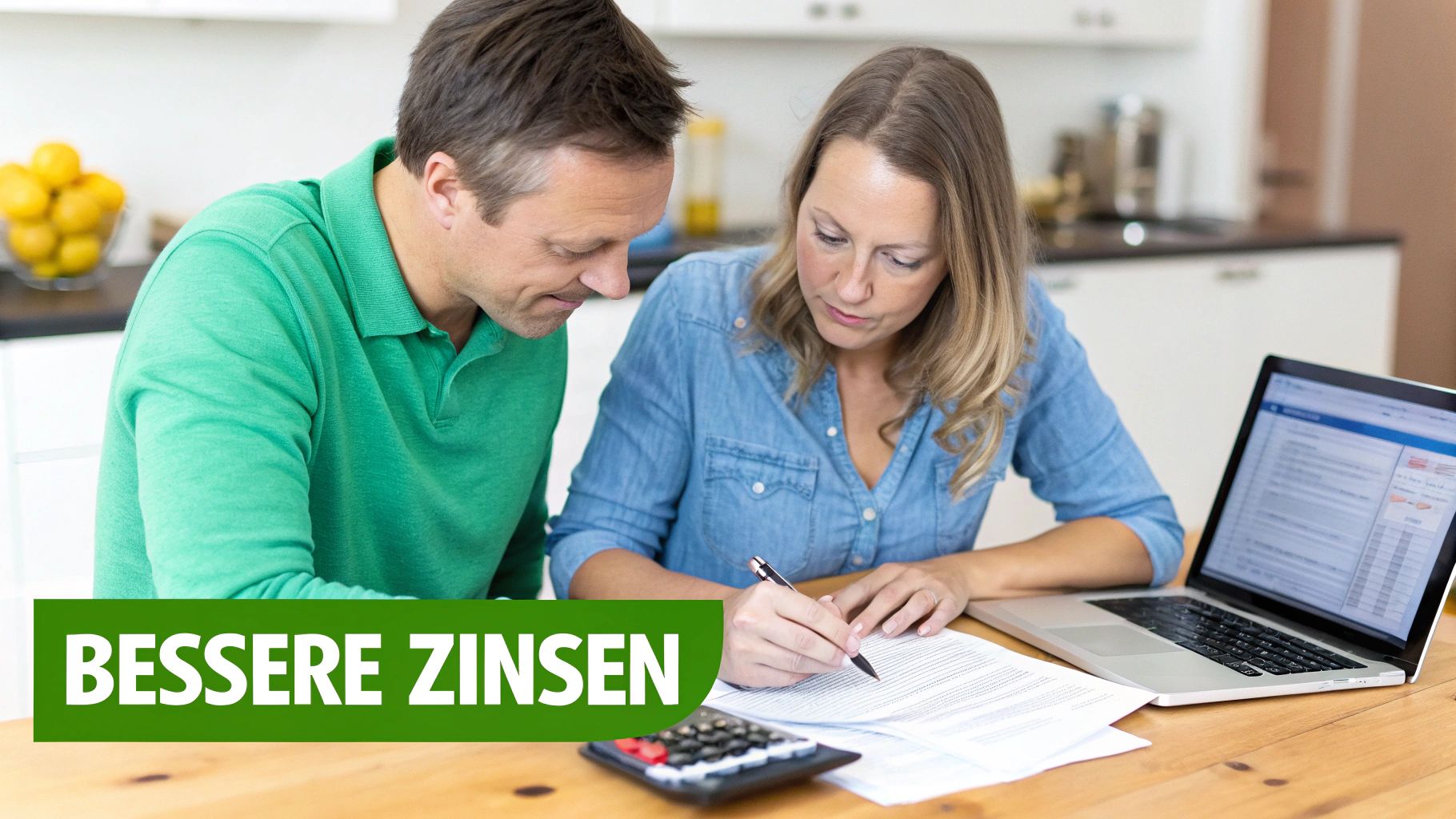 Ein Paar am Tisch, das Dokumente und einen Laptop prüft, die Frau unterschreibt. Überlagerter Text: BESSERE ZINSEN.