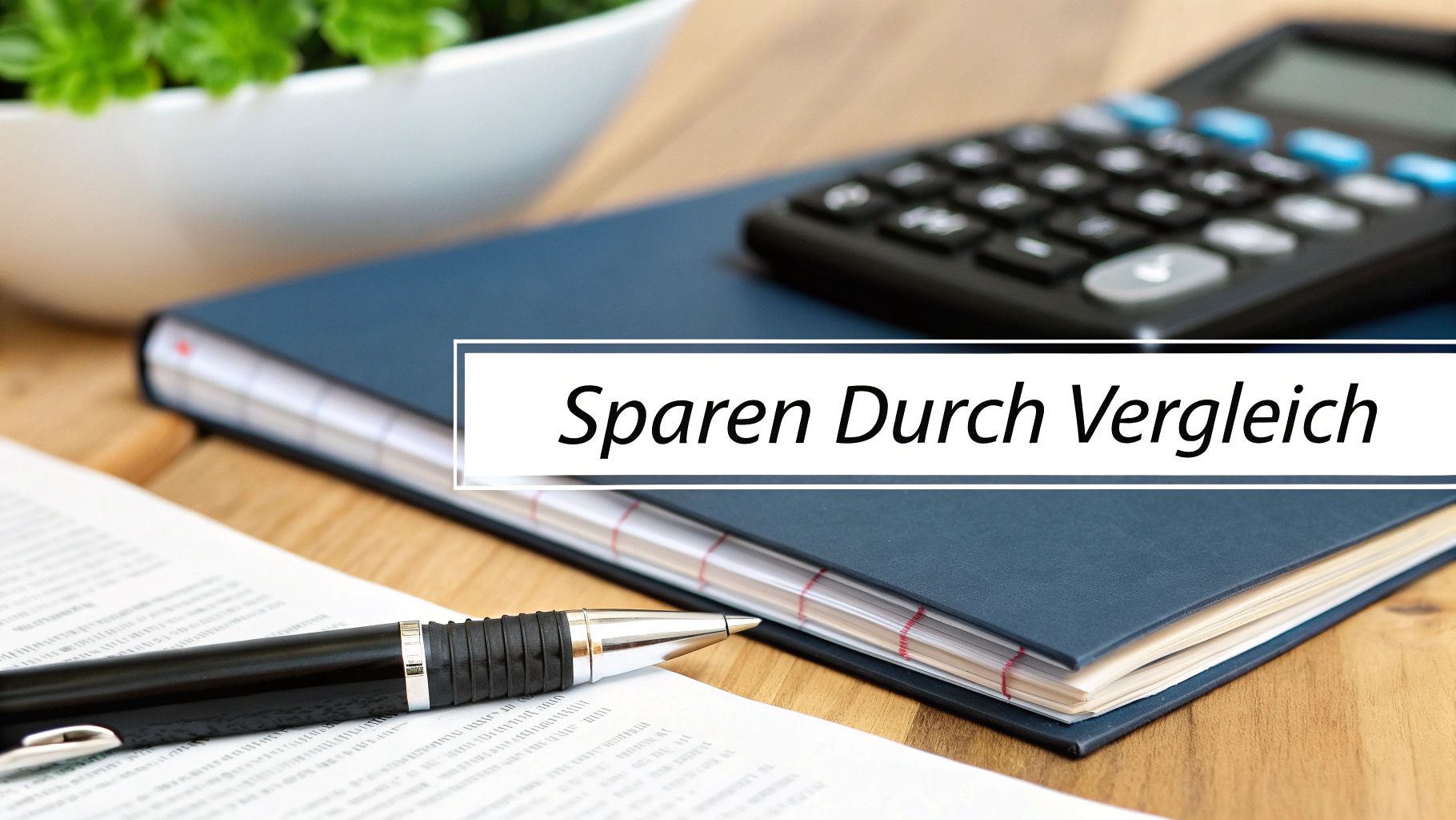 Ein Schreibtisch mit Notizbuch, Stift und Rechner. Text: Sparen Durch Vergleich, für Finanzvergleich.