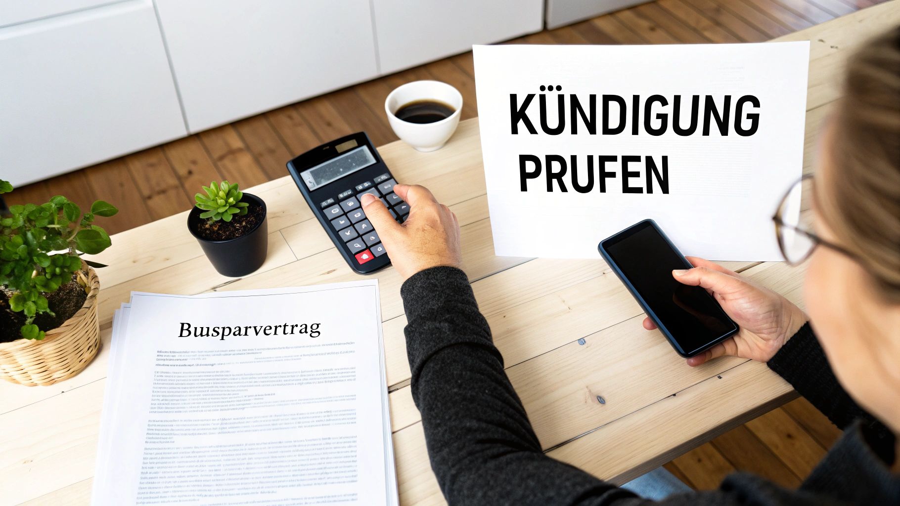 Eine Person prüft Kündigung und Bausparvertrag am Schreibtisch mit Taschenrechner und Handy.