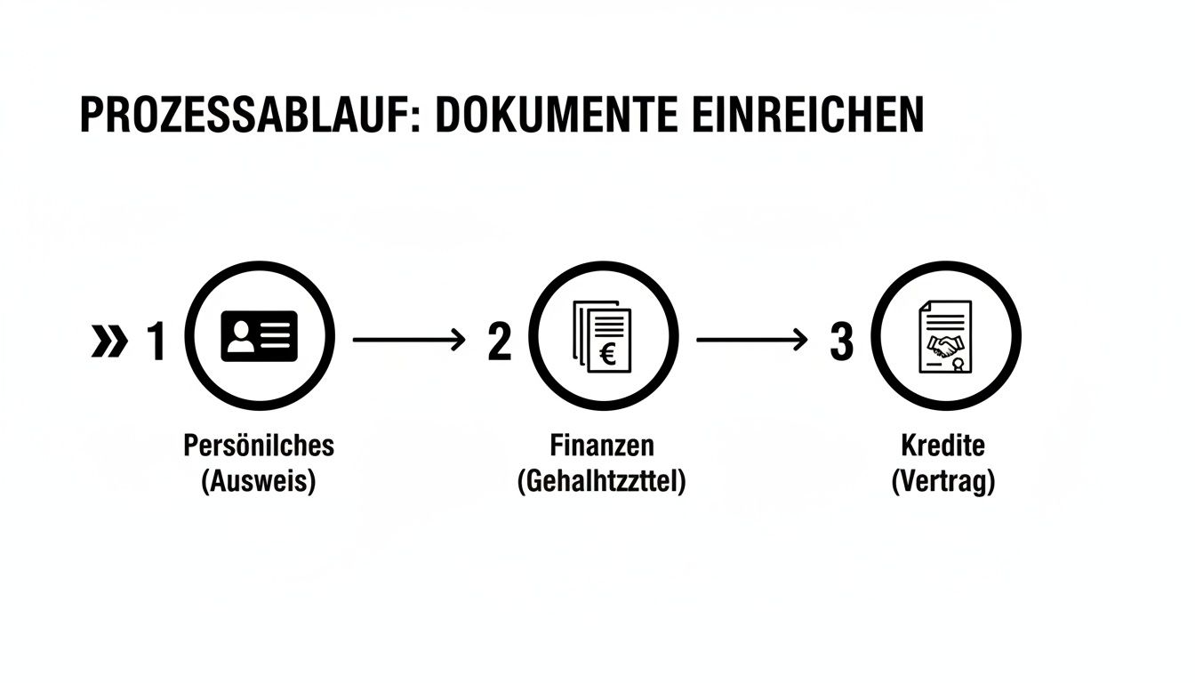 Schritt-für-Schritt-Anleitung zur Dokumenteneinreichung für Kredite, inklusive persönlicher, finanzieller und vertraglicher Unterlagen.