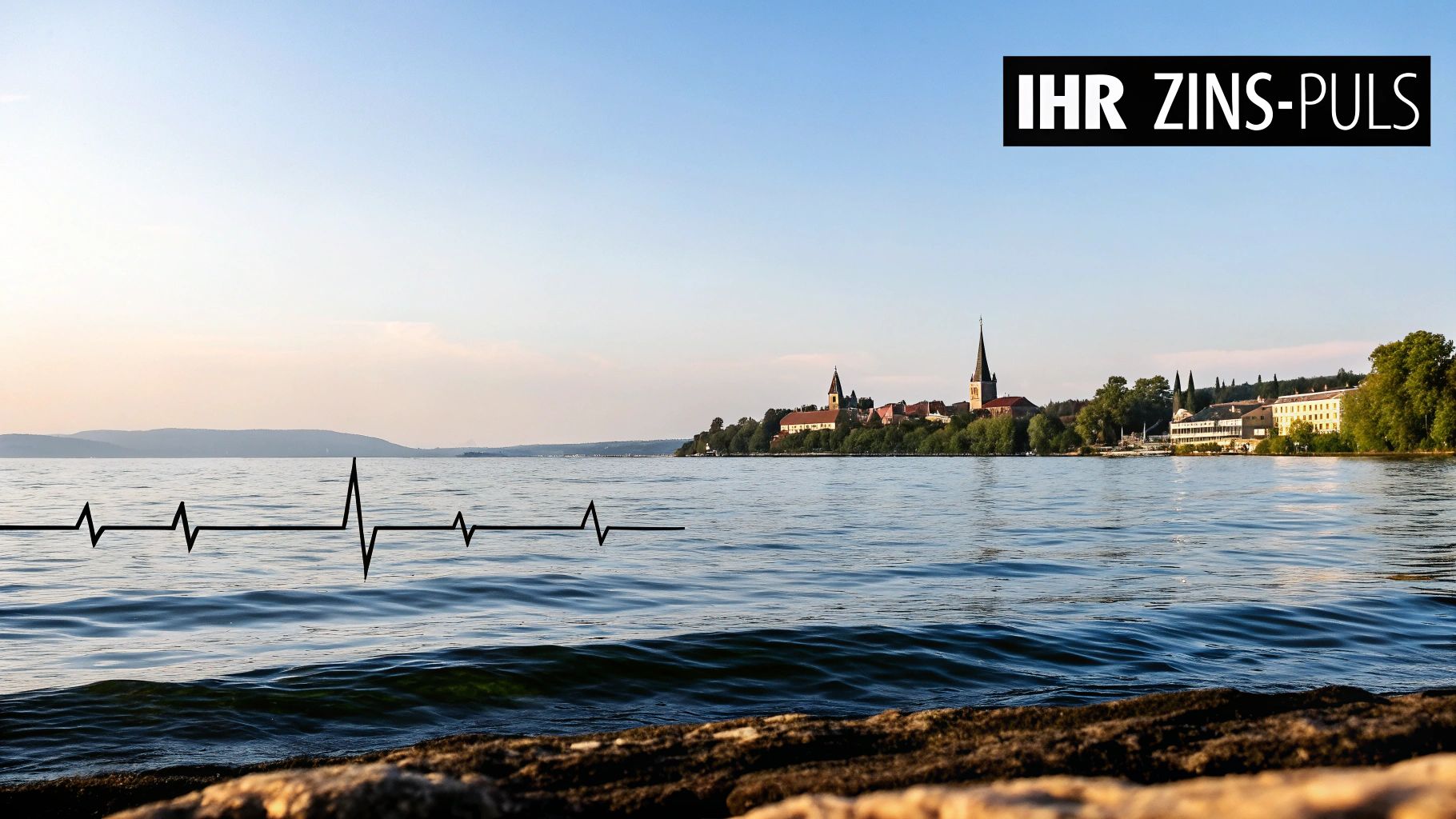 Panoramablick über einen See mit Uferstadt, Kirchen und einer Herzschlaglinie. Oben rechts steht der Text: IHR ZINS-PULS.