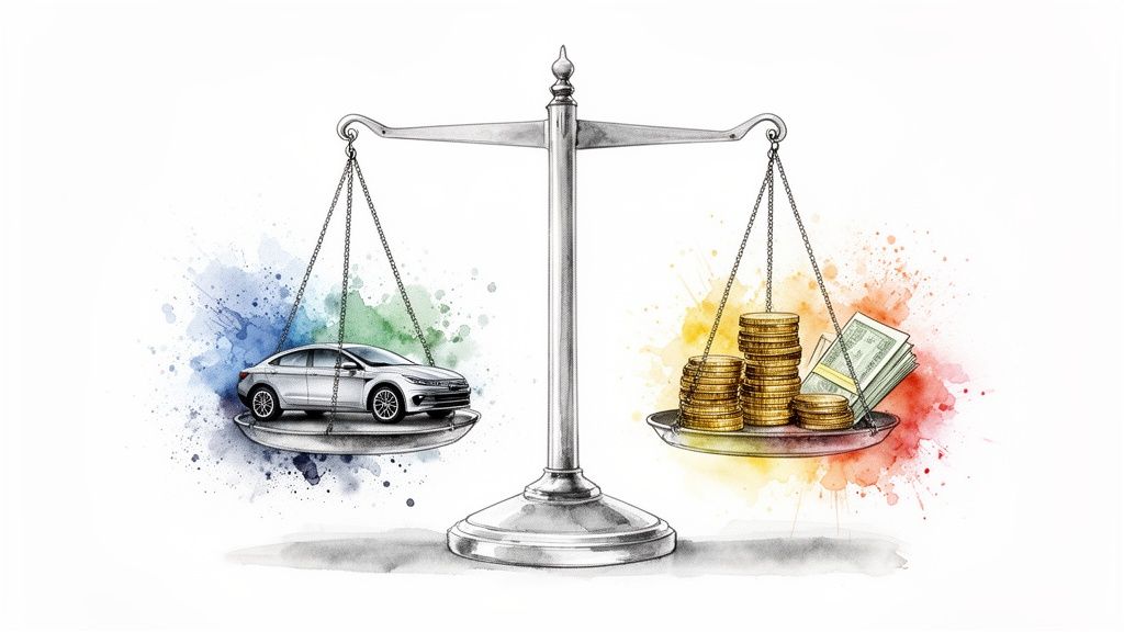 Eine Waage balanciert ein Auto mit Münzen und Banknoten aus, was Finanzentscheidungen symbolisiert.