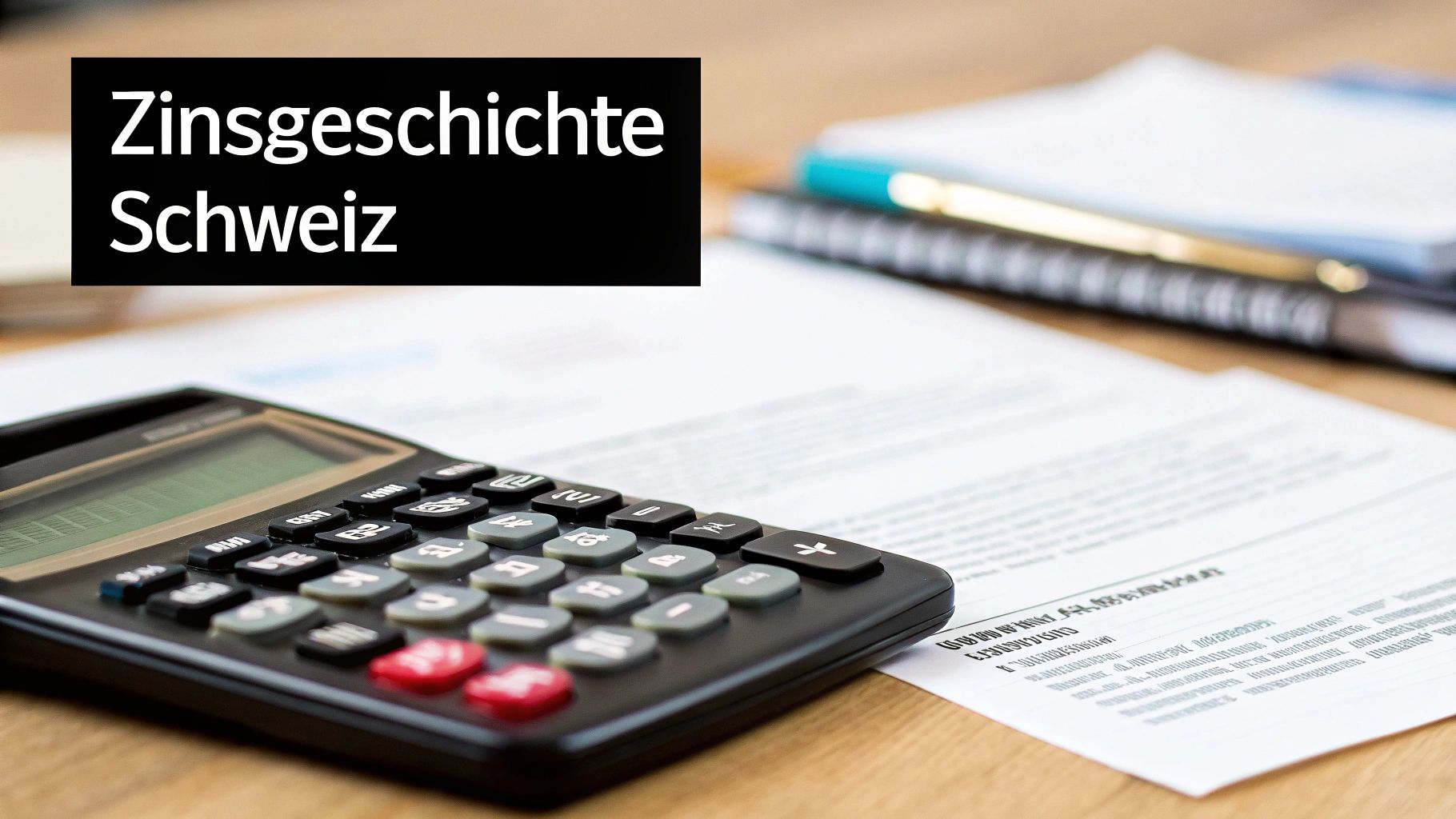 Ein Taschenrechner liegt auf Dokumenten neben einem Notizbuch mit dem Titel 'Zinsgeschichte Schweiz'.