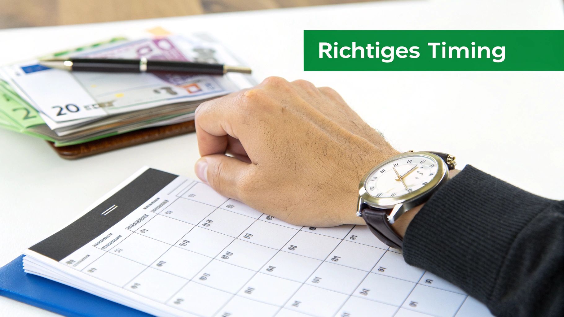 Eine Hand mit Uhr auf einem Kalender, daneben Euro-Banknoten, symbolisiert richtiges Timing für Finanzen.